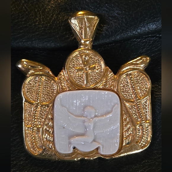 Cleopatra Uraeus cobra & Ankh porcelain & gold vintage large pendant - Picture 4 of 10